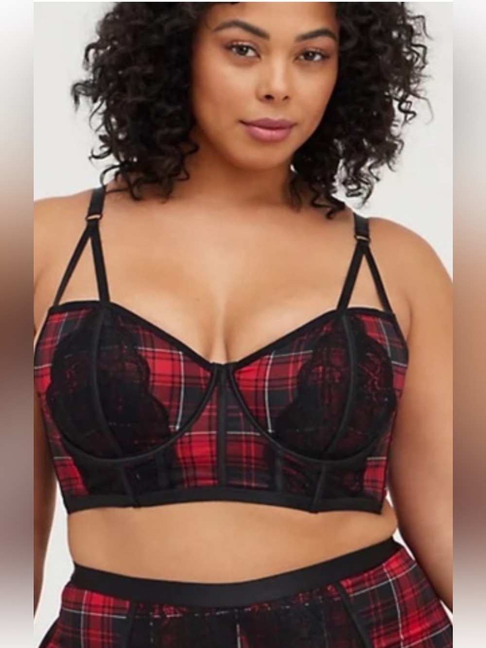 Torrid XO Padded Red Black Underwire Plunge Push-Up Bra “Noelle Plaid Lace" 40D